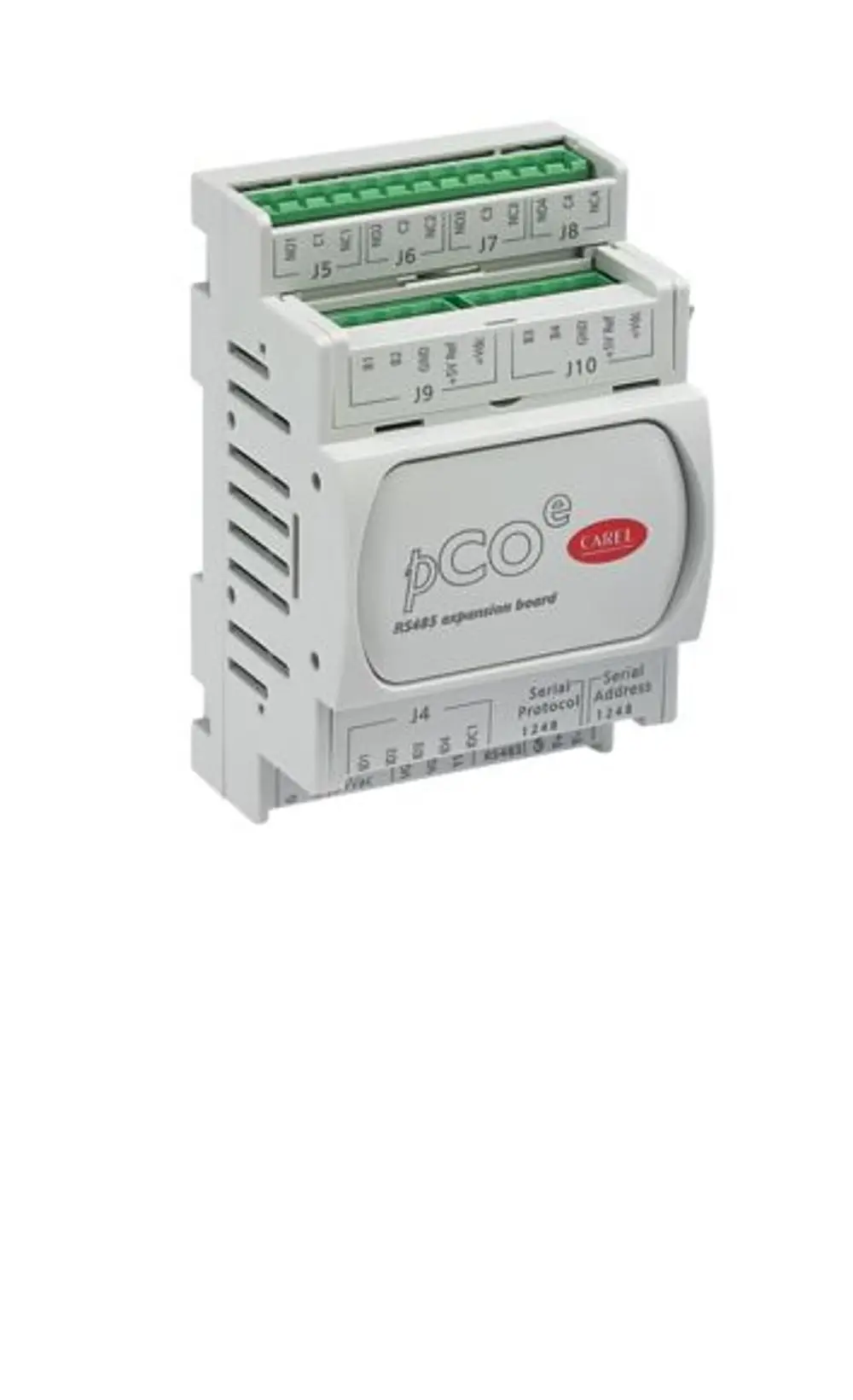 Nahaufnahme eines STIEBEL ELTRON Expansion Board LTM dezent EB RS485, Modellnummer 237643. Das Board verfügt über grüne Anschlüsse, Beschriftungen wie "J5", "J6", "J7", "J8", "J9", "J10" und einen roten CAREL-Aufkleber.